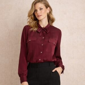Vintage 80s Anne Pinkerton Burgundy Avante Garde Tie Neck Blouse M